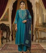 Turquoise Pure Silk zari Embroidered Kurta with Mul Chanderi applique work Dupatta and Cotton Pant Set of 3