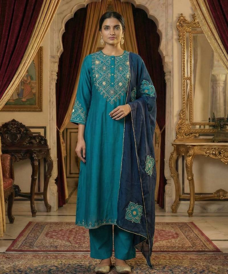 Turquoise Pure Silk zari Embroidered Kurta with Mul Chanderi applique work Dupatta and Cotton Pant Set of 3