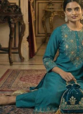 Turquoise Pure Silk zari Embroidered Kurta with Mul Chanderi applique work Dupatta and Cotton Pant Set of 3 2