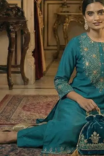 Turquoise Pure Silk zari Embroidered Kurta with Mul Chanderi applique work Dupatta and Cotton Pant Set of 3
