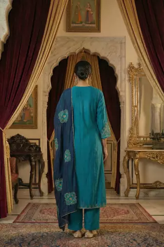 Turquoise Pure Silk zari Embroidered Kurta with Mul Chanderi applique work Dupatta and Cotton Pant Set of 3