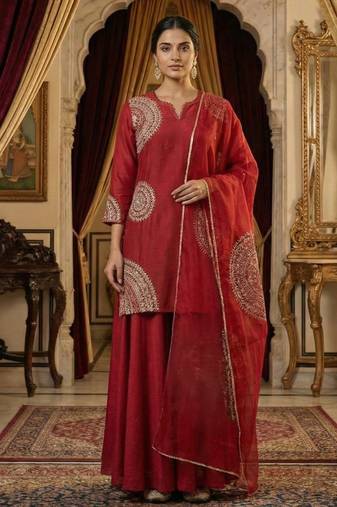 Red Maroon Pure Slub Silk Kurta and Sharara Set with Organza Dupatta with dori work Set of 3