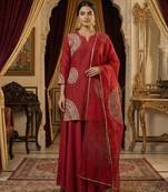 Red Maroon Pure Slub Silk Kurta and Sharara Set with Organza Dupatta with dori work Set of 3