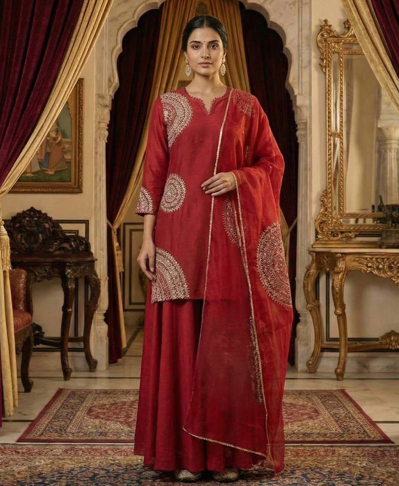 Red Maroon Pure Slub Silk Kurta and Sharara Set with Organza Dupatta with dori work Set of 3