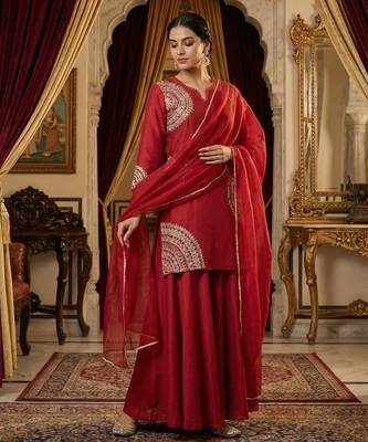 Red Maroon Pure Slub Silk Kurta and Sharara Set with Organza Dupatta with dori work Set of 3 2