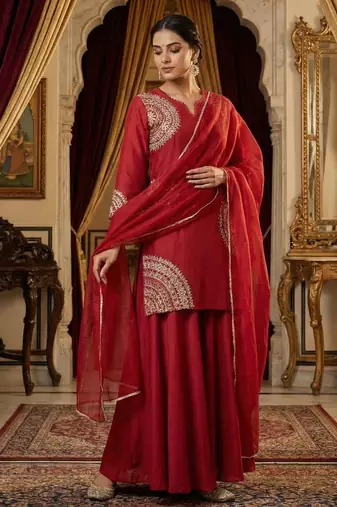 Red Maroon Pure Slub Silk Kurta and Sharara Set with Organza Dupatta with dori work Set of 3