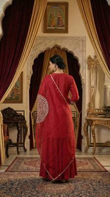 Red Maroon Pure Slub Silk Kurta and Sharara Set with Organza Dupatta with dori work Set of 3 3