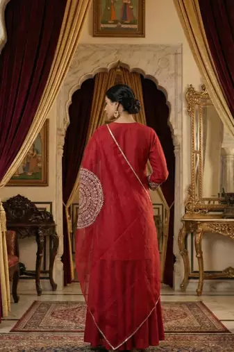 Red Maroon Pure Slub Silk Kurta and Sharara Set with Organza Dupatta with dori work Set of 3