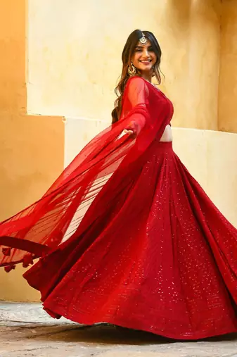 Red Chikankari Sequin Work Lehenga Choli Set with Georgette Dupatta
