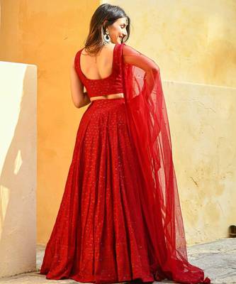Red Chikankari Sequin Work Lehenga Choli Set with Georgette Dupatta 3
