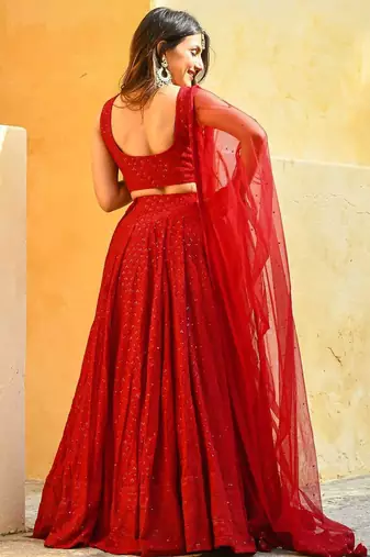 Red Chikankari Sequin Work Lehenga Choli Set with Georgette Dupatta