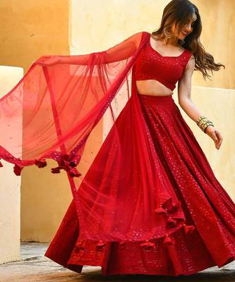 Red Chikankari Sequin Work Lehenga Choli Set with Georgette Dupatta 4