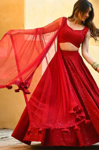 Red Chikankari Sequin Work Lehenga Choli Set with Georgette Dupatta