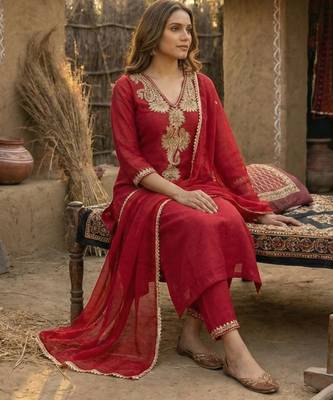 Red Pure Mal Chanderi Dori Work Kurta & Cotton Palazzo & Mul Chanderi Dupatta Set of 3 1