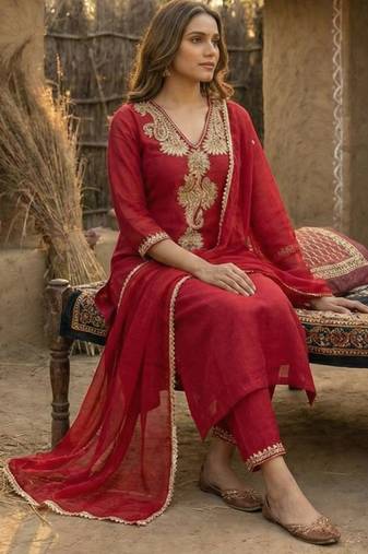 Red Pure Mal Chanderi Dori Work Kurta & Cotton Palazzo & Mul Chanderi Dupatta Set of 3