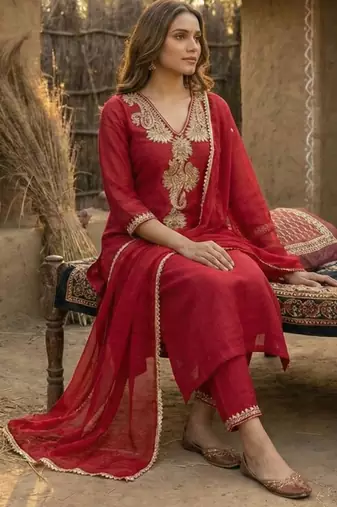 Red Pure Mal Chanderi Dori Work Kurta & Cotton Palazzo & Mul Chanderi Dupatta Set of 3