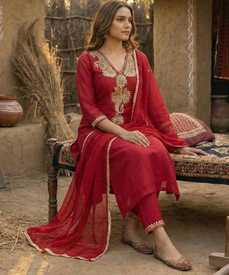 Red Pure Mal Chanderi Dori Work Kurta & Cotton Palazzo & Mul Chanderi Dupatta Set of 3