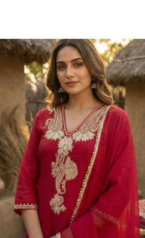Red Pure Mal Chanderi Dori Work Kurta & Cotton Palazzo & Mul Chanderi Dupatta Set of 3 2