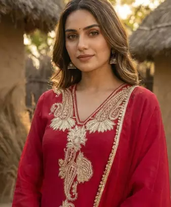 Red Pure Mal Chanderi Dori Work Kurta & Cotton Palazzo & Mul Chanderi Dupatta Set of 3
