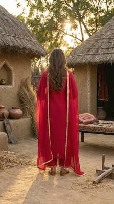 Red Pure Mal Chanderi Dori Work Kurta & Cotton Palazzo & Mul Chanderi Dupatta Set of 3 3