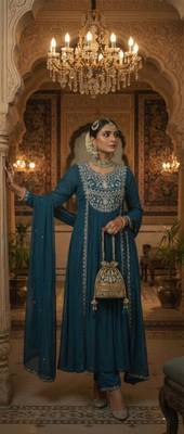 Blue Pure Mul Chanderi Embroidered yoke Gathered Detail kurta with Mul Dupatta & Cotton Palazzo Set of 3 1