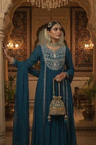 Blue Pure Mul Chanderi Embroidered yoke Gathered Detail kurta with Mul Dupatta & Cotton Palazzo Set of 3