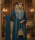 Blue Pure Mul Chanderi Embroidered yoke Gathered Detail kurta with Mul Dupatta & Cotton Palazzo Set of 3