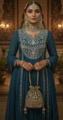 Blue Pure Mul Chanderi Embroidered yoke Gathered Detail kurta with Mul Dupatta & Cotton Palazzo Set of 3 2