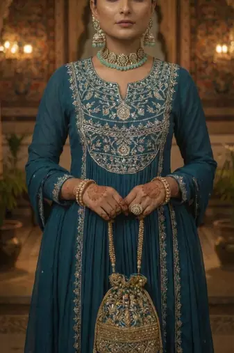 Blue Pure Mul Chanderi Embroidered yoke Gathered Detail kurta with Mul Dupatta & Cotton Palazzo Set of 3
