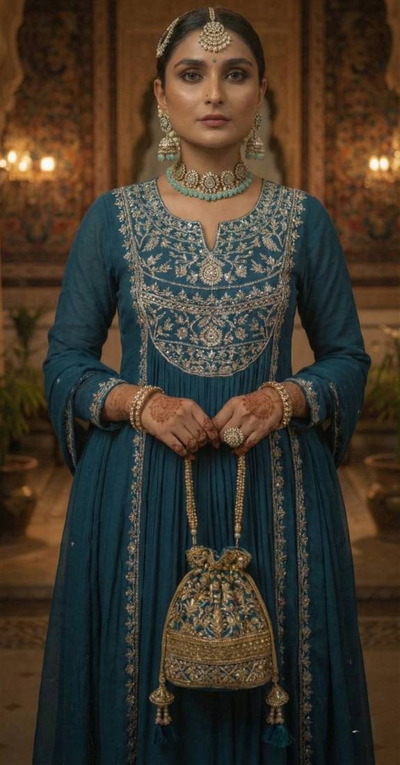 Blue Pure Mul Chanderi Embroidered yoke Gathered Detail kurta with Mul Dupatta & Cotton Palazzo Set of 3