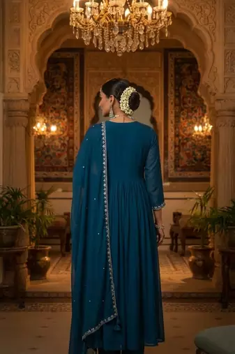 Blue Pure Mul Chanderi Embroidered yoke Gathered Detail kurta with Mul Dupatta & Cotton Palazzo Set of 3