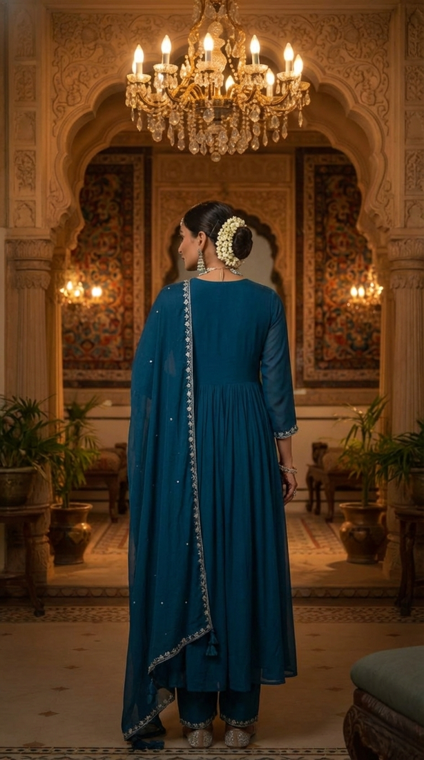 Blue Pure Mul Chanderi Embroidered yoke Gathered Detail kurta with Mul Dupatta & Cotton Palazzo Set of 3