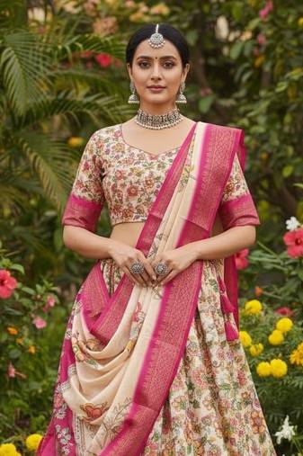 Pink & Cream cotton Silk  Lehenga Set with Perfect Multicolor Floral Print With Zari Weaving Border For Women's