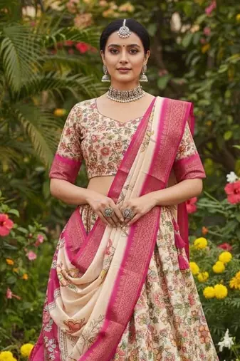 Pink & Cream cotton Silk  Lehenga Set with Perfect Multicolor Floral Print With Zari Weaving Border For Women's