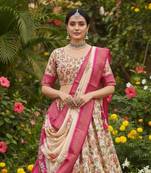 Pink & Cream cotton Silk  Lehenga Set with Perfect Multicolor Floral Print With Zari Weaving Border For Women's