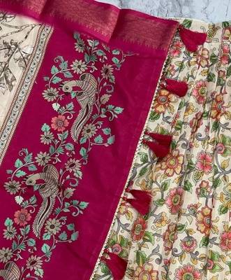 Pink & Cream cotton Silk  Lehenga Set with Perfect Multicolor Floral Print With Zari Weaving Border For Women's 3