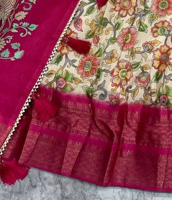 Pink & Cream cotton Silk  Lehenga Set with Perfect Multicolor Floral Print With Zari Weaving Border For Women's 4