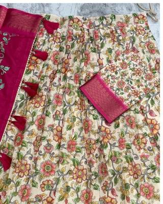 Pink & Cream cotton Silk  Lehenga Set with Perfect Multicolor Floral Print With Zari Weaving Border For Women's 5