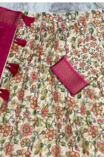Pink & Cream cotton Silk  Lehenga Set with Perfect Multicolor Floral Print With Zari Weaving Border For Women's