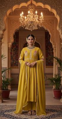 Yellow Pure Mul Chanderi embroidered yoke Gathered Detail kurta with Mul Dupatta Cotton Pant Set of 3 1