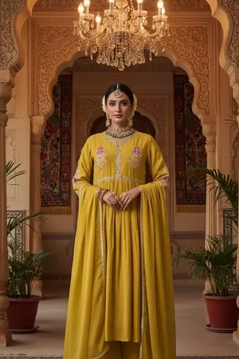 Yellow Pure Mul Chanderi embroidered yoke Gathered Detail kurta with Mul Dupatta Cotton Pant Set of 3