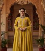 Yellow Pure Mul Chanderi embroidered yoke Gathered Detail kurta with Mul Dupatta Cotton Pant Set of 3