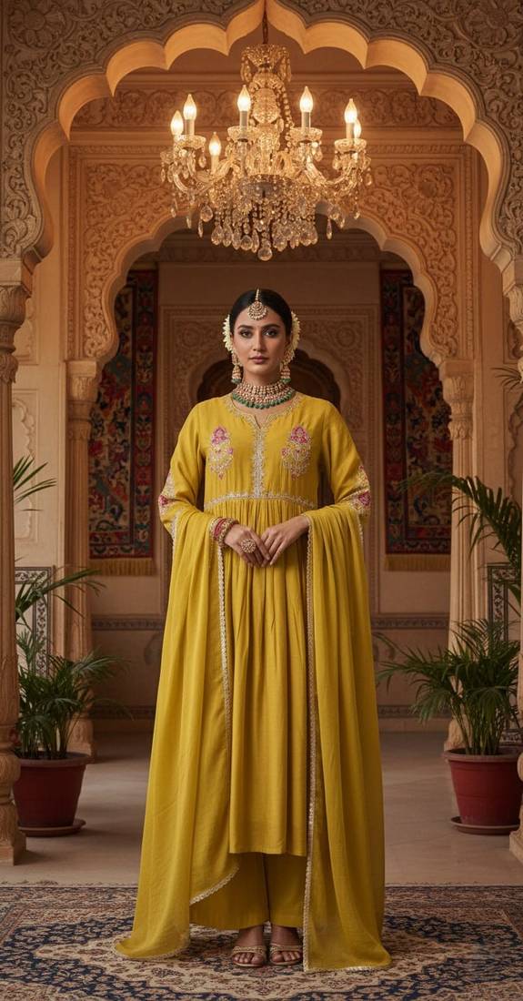 Yellow Pure Mul Chanderi embroidered yoke Gathered Detail kurta with Mul Dupatta Cotton Pant Set of 3