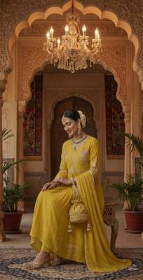 Yellow Pure Mul Chanderi embroidered yoke Gathered Detail kurta with Mul Dupatta Cotton Pant Set of 3 2