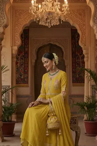 Yellow Pure Mul Chanderi embroidered yoke Gathered Detail kurta with Mul Dupatta Cotton Pant Set of 3