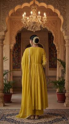 Yellow Pure Mul Chanderi embroidered yoke Gathered Detail kurta with Mul Dupatta Cotton Pant Set of 3 3