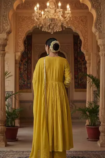 Yellow Pure Mul Chanderi embroidered yoke Gathered Detail kurta with Mul Dupatta Cotton Pant Set of 3