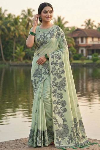Light green linen cotton print & embroidered work saree with blouse