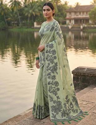 Light green linen cotton print & embroidered work saree with blouse 2