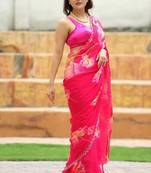 Red colour soft tebi silk digital print saree with moti handwork